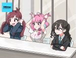  #unit_name_boshuuchuu_(idolmaster) 3girls ahoge antenna_hair black_hair blazer blue_hair blush bone_print breasts cardigan crossed_arms highres holding holding_hair idolmaster idolmaster_cinderella_girls indoors jacket large_breasts looking_afar multicolored_hair multiple_girls necktie on_chair pink_hair redhead saito_katuo school_uniform sitting smile sunazuka_akira tsujino_akari two-tone_hair two_side_up upper_body yumemi_riamu 