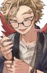  1boy bespectacled blonde_hair boku_no_hero_academia bracelet ear_piercing earrings facial_hair facial_mark fangs glasses goatee hawks_(boku_no_hero_academia) jewelry kadeart looking_over_eyewear male_focus multiple_bracelets multiple_piercings multiple_rings naughty_face necklace piercing red_feathers red_wings ring short_hair simple_background solo stubble stud_earrings tongue tongue_out twitter_username upper_body watch watch white_background wings yellow_eyes 