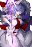  1girl ascot bat_wings dress hat highres looking_at_viewer mob_cap open_mouth pink_dress puffy_short_sleeves puffy_sleeves purple_background purple_hair red_ribbon remilia_scarlet ribbon short_hair short_sleeves smile solo spear_the_gungnir touhou violet_eyes vivo_(vivo_sun_0222) wings 