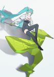  1girl :o aqua_eyes aqua_hair bangs black_bodysuit black_footwear black_gloves bodysuit boots breasts clothes_writing crop_top flag full_body gloves green_gloves hatsune_miku highres holding hui_feng long_hair long_sleeves looking_away medium_breasts parted_lips racing_miku racing_miku_(2022) see-through simple_background single_thigh_boot skin_tight solo thigh-highs thigh_boots twintails two-tone_gloves very_long_hair vocaloid white_background 