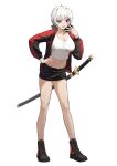  1girl absurdres bare_legs black_footwear black_jacket black_shorts boots commentary commission crop_top green_eyes hand_on_hip hand_up heterochromia highres jacket katana long_sleeves midriff navel original red_eyes red_jacket shirt short_hair shorts simple_background solo sword weapon white_background white_hair white_shirt yoon_cook 