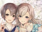  2girls :d asymmetrical_bangs bangs blurry blurry_background blush braid braided_bangs depth_of_field floating_hair grey_hair grin highres hisakawa_hayate idolmaster idolmaster_cinderella_girls long_hair looking_at_viewer multiple_girls nail_polish otokura_yuuki outdoors redeye_(artist) round_teeth selfie short_hair silver_hair smile teeth upper_body v 