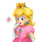  1girl bangs blonde_hair brooch bunny-pinkcess crown dress earrings eyebrows food fruit gloves jewelry lips long_hair looking_down open_mouth peach pink_dress princess_peach smile solo speech_bubble super_mario_bros. tiara white_gloves 