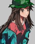  1girl blush brown_eyes brown_hair buttons camouflage camouflage_headwear closed_mouth coat eyelashes green_coat green_headwear hat highres leaf_(pokemon) mei_(manjunii) off_shoulder official_alternate_costume open_clothes open_coat pink_shirt pokemon pokemon_(game) pokemon_masters_ex shirt sidelocks solo symbol-only_commentary upper_body 