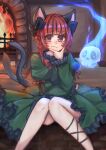  1girl animal_ears bangs black_bow black_ribbon blunt_bangs blush bow bowtie braid cat_ears cat_tail dress eyebrows_visible_through_hair feet_out_of_frame fire fireplace frilled_dress frills green_dress hair_bow hand_on_own_chin highres hitodama kaenbyou_rin knees_together_feet_apart leg_ribbon long_hair long_sleeves looking_at_viewer multiple_tails mutsumi326 nekomata red_bow red_bowtie red_eyes red_nails red_ribbon redhead ribbon solo tail thinking touhou twin_braids two_tails 