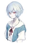  1girl ayanami_rei blue_hair highres looking_at_viewer neck_ribbon neon_genesis_evangelion nilitsu red_eyes red_neckwear red_ribbon ribbon school_uniform short_hair simple_background solo upper_body white_background 