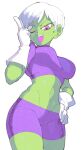  1girl cheelai colored_skin cowboy_shot dragon_ball dragon_ball_super dragon_ball_super_broly gloves green_skin hand_on_hip hand_up highres inkerton-kun midriff one_eye_closed open_mouth short_hair shorts skin_tight solo standing stomach very_short_hair violet_eyes white_background white_gloves white_hair 