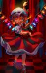  1girl :d absurdres ascot blonde_hair crystal curtains fang flandre_scarlet hat hat_ribbon highres mary_janes mob_cap one_side_up open_mouth perspective puffy_sleeves red_eyes ribbon shoes short_hair sinkoart skin_fang skirt smile solo tile_floor tiles touhou wings 