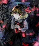  1girl :| black_dress blonde_hair buttons closed_mouth commentary cowboy_shot dress expressionless eyebrows_behind_hair hair_ribbon kuzumoti_107 leaf long_sleeves looking_up own_hands_together red_eyes red_ribbon ribbon rumia shirt short_hair solo touhou white_shirt 