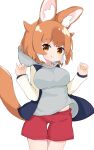  1girl absurdres animal_ears bangs berusa_(berutoo) blue_jacket bob_cut brown_eyes brown_hair closed_mouth commentary cowboy_shot dhole_(kemono_friends) dog_ears dog_girl dog_tail extra_ears eyebrows_visible_through_hair grey_hoodie highres hood hood_down hoodie jacket kemono_friends kemono_friends_3 letterman_jacket long_sleeves looking_at_viewer midriff_peek multicolored_hair open_clothes open_jacket red_shorts short_hair shorts simple_background smile solo standing tail thigh_gap w_arms white_background white_hair 
