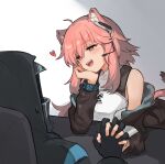  1girl 1other ahoge animal_ear_fluff animal_ears arknights arm_rest bangs black_jacket brown_eyes doctor_(arknights) eyebrows_visible_through_hair gloves gravel_(arknights) hair_between_eyes head_rest headset heart highres holding_hands infection_monitor_(arknights) interlocked_fingers jacket long_hair long_sleeves looking_at_another mabing mouse_ears off_shoulder open_clothes open_mouth pink_hair shirt simple_background smile sweatdrop tail 