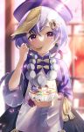  1girl bangs bead_necklace beads black_nails bowl chinese_clothes coin_hair_ornament commentary_request eating food genshin_impact hat highres jewelry jiangshi necklace ofuda ponfu_y pout purple_hair purple_headwear qing_guanmao qiqi_(genshin_impact) solo talisman tassel violet_eyes wide_sleeves 