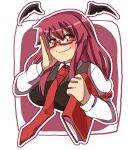  &gt;:) arm_behind_head armband bat_wings bespectacled black_skirt black_vest blush border breasts collared_shirt cropped_torso detached_wings doyagao glasses hair_between_eyes head_wings juliet_sleeves koakuma long_hair long_sleeves looking_at_viewer medium_breasts necktie one-hour_drawing_challenge open_mouth outline puffy_sleeves red-framed_eyewear red_background red_eyes red_necktie redhead renshirenji semi-rimless_eyewear shirt sidelocks simple_background skirt skirt_set smile smug touhou upper_body v-shaped_eyebrows very_long_hair vest white_border white_outline white_shirt wings 