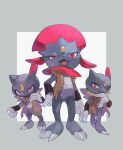 :d border brown_vest claws clothed_pokemon evolutionary_line fang grey_border highres looking_at_viewer maumaujanken no_humans open_mouth pink_eyes pokemon pokemon_(creature) smile sneasel standing tongue vest weavile white_background 