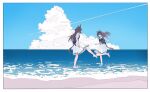  2girls aircraft airplane animal_ears barefoot beach border brown_hair caustics clouds contrail day faceless faceless_female highres horizon horse_ears horse_girl horse_tail long_hair mochiyu_(mochiko) multicolored_hair multiple_girls open_mouth outdoors puffy_short_sleeves puffy_sleeves sailor_collar sand school_uniform short_sleeves sirius_symboli_(umamusume) skirt smile splashing standing standing_on_one_leg symboli_rudolf_(umamusume) tail tracen_school_uniform umamusume water white_skirt 