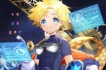  1boy black_shirt blonde_hair blue_eyes character_name earth_(planet) fate/grand_order fate/requiem fate_(series) gloves goggles goggles_around_neck holographic_interface hongsi male_focus planet scarf scarf_removed shirt smile space voyager voyager_(fate) white_gloves 