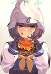  black_gloves blue_archive blue_sailor_collar blush brown_hair burger closed_mouth commentary_request eating food food_on_face gloves gradient gradient_background green_eyes grey_background halo helmet highres holding holding_food long_sleeves looking_at_viewer mizuyoukan_(mikususannda) neckerchief sailor_collar saki_(blue_archive) school_uniform serafuku short_hair smile upper_body white_headwear yellow_neckerchief 