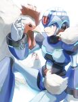  1boy android animal bird blue_armor blue_eyes chicken commentary glowing helmet hoshi_mikan knee_up looking_at_another male_focus mega_man_(series) mega_man_x_(character) mega_man_x_(series) parted_lips robot shadow sitting solo 