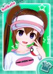  1girl baseball_cap blue_eyes bright_pupils brown_hair double_bun green_background hat koikatsu_(medium) kondara long_hair looking_at_viewer lowres poke_ball pokemon pokemon_(game) pokemon_bw2 rosa_(pokemon) shirt smile solo twintails upper_body visor_cap 