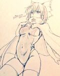  1girl alternate_costume bow breasts cape cloak commentary_request covered_mouth covered_navel d-m_(dii_emu) dated eyebrows_visible_through_hair eyelashes greyscale hair_bow looking_at_viewer medium_breasts monochrome one-piece_swimsuit open_mouth sekibanki short_hair signature sketch swimsuit thigh-highs touhou traditional_media 
