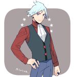  1boy alternate_costume bangs black_vest border clenched_hand closed_mouth collared_shirt commentary_request cowboy_shot green_hair grey_background grey_pants hand_on_hip jewelry looking_at_viewer male_focus necktie pants pokemon pokemon_(game) pokemon_rse red_shirt ring shirt short_hair smile solo spiky_hair star_(symbol) steven_stone vest white_border white_necktie y_(036_yng) 