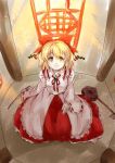  1girl bangs blonde_hair bow bow_(music) closed_mouth collared_shirt commentary_request detached_sleeves erhu eyebrows_visible_through_hair eyelashes frilled_skirt frills hair_bow happy instrument japanese_clothes kariginu long_skirt long_sleeves looking_at_viewer myouga_teien red_bow red_ribbon red_skirt ribbon ribbon-trimmed_sleeves ribbon_trim satsuki_rin seiza shirt short_hair sitting skirt smile touhou white_shirt wide_sleeves yellow_eyes 
