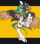  animal_focus bird clothed_pokemon commentary_request decidueye full_body hat hat_removed headwear_removed highres holding holding_clothes holding_hat jacket leg_up letterboxed looking_at_viewer one_eye_closed open_mouth owl pkpokopoko3 pokemon pokemon_(creature) solo yellow_background yellow_eyes 