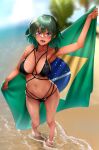  1girl :d arm_up bangs beach bikini black_bikini blurry blurry_background brazilian_flag collarbone day depth_of_field eyebrows_visible_through_hair flag full_body hair_between_eyes highres holding holding_flag knees legs looking_at_viewer navel nohito open_mouth original outdoors smile solo standing sunlight swimsuit tan tongue tree violet_eyes water wet 