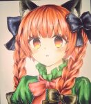  1girl :&lt; animal_ear_fluff animal_ears bangs black_bow blunt_bangs blush bow braid cat_ears closed_mouth dress extra_ears eyebrows_visible_through_hair green_dress hair_bow juliet_sleeves kaenbyou_rin light_smile long_hair long_sleeves looking_at_viewer mmoudame pink_background puffy_sleeves red_eyes redhead shikishi simple_background slit_pupils solo touhou traditional_media twin_braids upper_body 