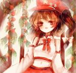  1girl bangs bare_shoulders bow bowtie breasts brown_eyes brown_hair cabbie_hat commentary_request flat_cap flower hair_bow happy hat hat_ornament hell0120 label_girl_(dipp) long_sleeves mandarin_collar medium_breasts medium_hair midriff navel open_mouth red_bow red_bowtie red_headwear red_skirt round_window side_ponytail skirt star_(symbol) star_hat_ornament stomach tied_hair touhou upper_body vest white_bow white_vest wide_sleeves window 