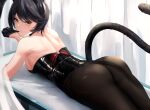  1girl alternate_costume ass biting black_hair breasts brown_eyes dobure18 glove_biting glove_pull gloves highres hyona_elatiora lying medium_breasts nijisanji nijisanji_id on_stomach panther_ears panther_girl panther_tail playboy_bunny short_hair sideboob solo virtual_youtuber 