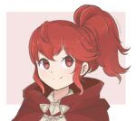  1girl anna_(fire_emblem) artist_name bangs border chocomiru cloak closed_mouth eyebrows_visible_through_hair fire_emblem fire_emblem_fates hair_between_eyes looking_at_viewer lowres red_background red_eyes redhead short_hair signature simple_background smile solo upper_body white_border 