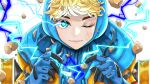  1girl apex_legends bangs blonde_hair blue_bodysuit blue_eyes blue_gloves blue_headwear bodysuit electricity gloves hood hooded_jacket jacket one_eye_closed orange_jacket portrait ribbed_bodysuit rock smile solo wattson_(apex_legends) white_background zerro 