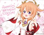  1girl animal_ears bangs breasts brown_hair character_name commentary_request cosplay detached_sleeves double_fox_shadow_puppet eyebrows_visible_through_hair fox_shadow_puppet genshin_impact gochuumon_wa_usagi_desu_ka? hair_between_eyes hands_up happy_birthday hoto_cocoa kemonomimi_mode long_sleeves looking_at_viewer medium_breasts mitya petals shirt sleeveless sleeveless_shirt solo tippy_(gochiusa) twitter_username upper_body violet_eyes white_shirt white_sleeves wide_sleeves yae_miko yae_miko_(cosplay) 
