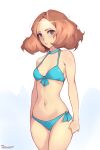  1girl alternate_costume bikini blue_bikini blush breasts brown_eyes brown_hair clenched_hand closed_mouth cowboy_shot embarrassed highres looking_at_viewer medium_breasts medium_hair midriff navel okumura_haru persona persona_5 phrecklesart simple_background solo sparkle standing swimsuit 