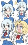  1girl :&lt; alternate_hair_color bangs bangs_pinned_back blonde_hair blue_bow blue_dress blue_eyes blue_hair blush bow bowtie breasts cirno collared_shirt commentary_request crossed_arms dress e.o. eyebrows_visible_through_hair hair_between_eyes hand_on_own_face hand_up hands_up highres lightning_bolt_symbol looking_at_viewer looking_to_the_side looking_up medium_breasts no_wings open_mouth puffy_short_sleeves puffy_sleeves red_bow red_bowtie shaded_face shirt short_hair short_sleeves simple_background smile solo standing touhou upper_body v-shaped_eyebrows white_background white_shirt 