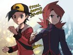  2boys backpack backwards_hat bag bangs baseball_cap black_hair closed_mouth commentary_request ethan_(pokemon) grey_bag grey_eyes hand_up hat i_g1ax jacket long_hair long_sleeves male_focus multiple_boys open_mouth pokemon pokemon_(game) pokemon_hgss red_jacket redhead short_hair silver_(pokemon) tongue translation_request turtleneck turtleneck_jacket 