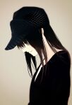  1girl bangs black_headwear black_shirt brown_hair depressed eyebrows eyebrows_behind_hair frown hat long_hair looking_down original parted_lips sad shirt simple_background solo upper_body yogenme 