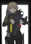  1girl bangs black_legwear black_ribbon brown_hair closed_mouth cowboy_shot exoskeleton expressionless eyebrows_visible_through_hair girls_frontline grey_hair gun h&amp;k_ump40 hair_between_eyes hair_ribbon highres holding holding_gun holding_weapon id_card jacket long_hair open_clothes open_jacket pantyhose ribbon solo standing symbol-shaped_pupils takiyama_(maze-724) ump40_(girls&#039;_frontline) walkie-talkie weapon yellow_eyes 