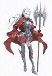  1girl alternate_costume alternate_hairstyle armor axe breastplate breasts cape closed_mouth edelgard_von_hresvelg fire_emblem fire_emblem:_three_houses fire_emblem_warriors:_three_hopes full_body gloves hair_ornament hair_ribbon long_hair long_sleeves looking_at_viewer mueririko official_alternate_costume official_alternate_hairstyle red_cape ribbon simple_background skirt solo uniform violet_eyes white_hair 