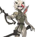  1girl belt blonde_hair brown_eyes collarbone cosplay grey_background hair_between_eyes highres holding holding_sword holding_weapon kill_la_kill maddoxfanx metal_gear_(series) metal_gear_solid_4 multicolored_hair open_mouth pouch raiden_(metal_gear) raiden_(metal_gear)_(cosplay) redhead scabbard scissor_blade senketsu sheath short_hair simple_background sketch solo streaked_hair sword teeth thigh_pouch thigh_strap tongue unsheathed weapon 