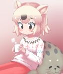  1girl alternate_costume animal_ears bear_ears bear_girl black_hair blush brown_eyes cup extra_ears eyebrows_visible_through_hair highres kemono_friends kemono_friends_3 long_sleeves mug multicolored_hair pants polar_bear_(kemono_friends) red_pants remora_(samewakame) short_hair sitting solo stuffed_toy sweater symbol-only_commentary two-tone_hair white_hair white_sweater 