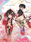  1boy 1girl akizero1510 artist_name bangs black_hair branch bride cherry_blossom_print cherry_blossoms copyright_request cover cover_page eyebrows_visible_through_hair floral_print flower green_eyes hair_flower hair_ornament hands_on_own_chest highres holding holding_sword holding_weapon japanese_clothes katana kimono long_hair looking_at_viewer looking_back novel_cover orange_eyes parted_lips print_kimono sheath short_hair spider_lily sword tsunokakushi uchikake unsheathing weapon wedding 