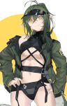 :d arknights ass_visible_through_thighs bikini black_bikini black_headwear breasts cowboy_shot crocodilian_tail gavial_(arknights) green_hair green_jacket grin hands_on_hips highres jacket kamatpit long_hair long_sleeves looking_at_viewer medium_breasts navel off_shoulder official_alternate_costume open_clothes open_jacket parted_lips pointy_ears single_bare_shoulder smile swimsuit tail two-tone_background under_boob visor_cap white_background yellow_background yellow_eyes