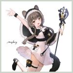  1girl :d animal_ear_fluff animal_ears arknights arm_up bangs belt black_capelet black_footwear blunt_bangs bracelet brown_eyes brown_hair capelet character_name dress ears_through_headwear eyebrows_visible_through_hair fang fur-trimmed_capelet fur_trim highres holding holding_staff honeyberry_(arknights) hood hooded_capelet ichita_(yixisama-shihaohaizhi) jewelry leg_up long_hair looking_at_viewer low_twintails pouch shoes simple_background skin_fang skindentation smile solo staff standing standing_on_one_leg thigh-highs thigh_strap twintails very_long_hair white_background white_dress white_legwear zettai_ryouiki 