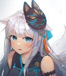  1girl absurdres animal_ears bare_shoulders blue_eyes blush character_request commentary copyright_request english_commentary extra_ears highres long_hair looking_at_viewer luzzi_(milllim) mask mask_on_head open_clothes silver_hair solo tail tassel tassel_hair_ornament white_background 