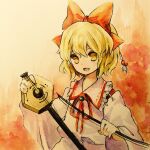  1girl ancient blonde_hair bow bow_(music) collared_shirt commentary_request detached_sleeves erhu hair_bow happy highres japanese_clothes kaigen_1025 kariginu long_sleeves open_mouth red_bow ribbon satsuki_rin shirt short_hair touhou traditional_media wide_sleeves yellow_eyes 