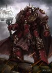  1boy absurdres adeptus_astartes armor blonde_hair cape closed_mouth gauntlets hammer highres holding holding_weapon moonface pauldrons power_armor red_armor red_cape short_hair shoulder_armor skull sky solo war_hammer warhammer_40k weapon 