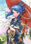  1girl :d absurdres alternate_costume blue_eyes blue_hair cherry_blossoms cowboy_shot day heterochromia highres holding holding_umbrella japanese_clothes kimono lobstrater64 long_hair looking_at_viewer oil-paper_umbrella outdoors red_umbrella smile solo tatara_kogasa touhou umbrella 