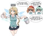  3girls :&lt; beret blonde_hair braid breasts bucket bucket_of_water commentary expressionless eyebrows_visible_through_hair fairy_wings g36_(girls&#039;_frontline) girls_frontline green_hair hat holding holding_bucket holding_cloth korean_commentary korean_text large_breasts light_blue_eyes long_braid long_hair long_sleeves micro_uzi_(girls&#039;_frontline) multiple_girls open_mouth orange_hair pleated_skirt school_uniform shirt short_hair short_twintails sidarim simple_background skirt star_(symbol) sten_mkii_(girls&#039;_frontline) sunglasses sweater_vest translation_request twintails upside-down wash_cloth water white_background white_shirt wings 
